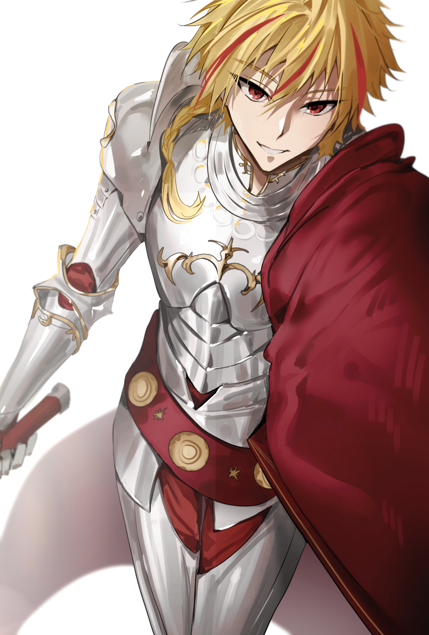 muneomon (takomon), richard i (fate), fate/grand order, fate/strange fake, fate (series), highres, 1boy, armor, blonde hair, braid, cape, holding, holding sword, holding weapon, long hair, male focus, multicolored hair, red cape, red eyes, red hair, shadow, simple background, single braid, smile, solo, streaked hair, sword, weapon, white background