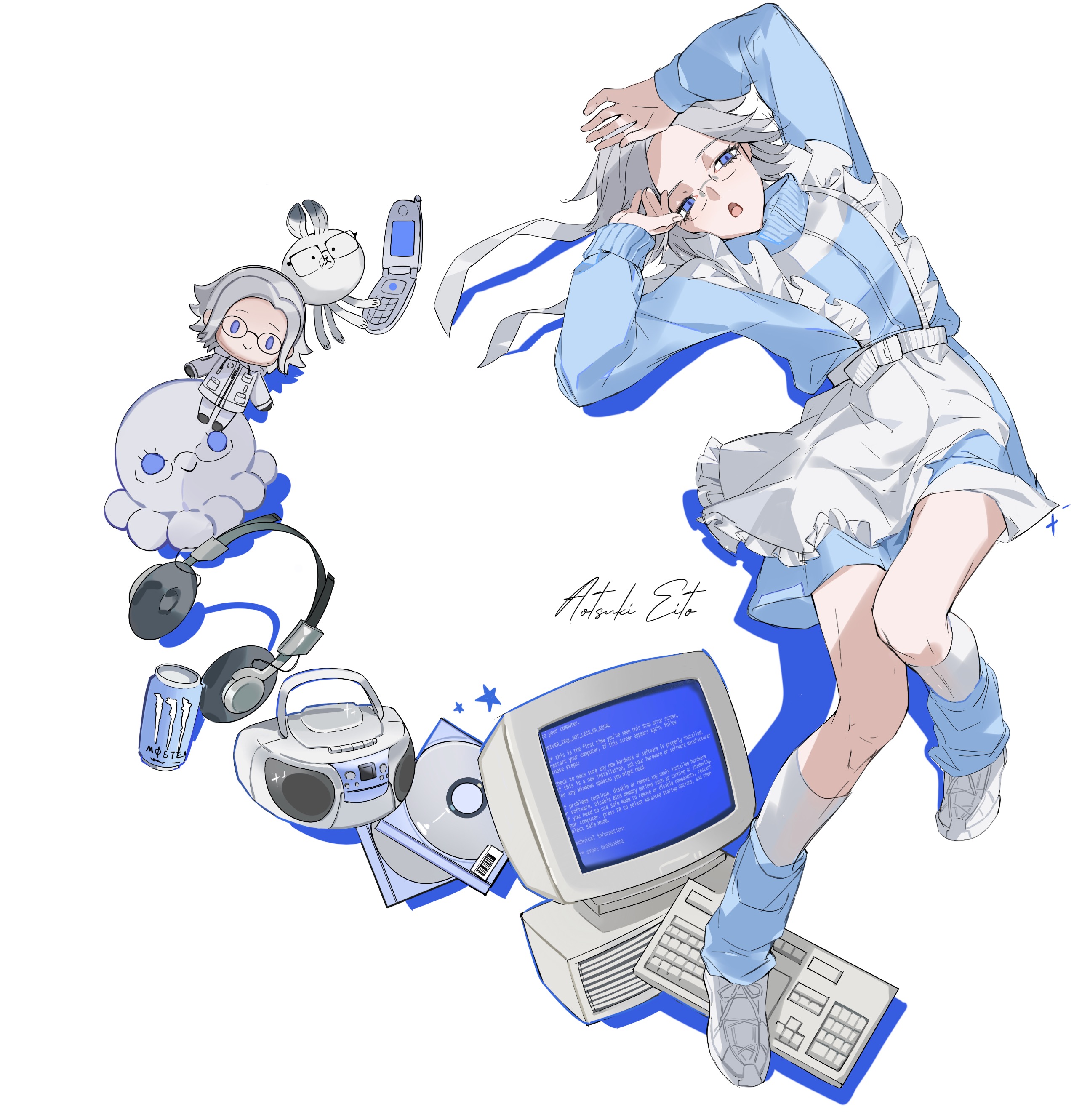 aotsuki eito, monster energy, the hundred line -last defense academy-, absurdres, chinese commentary, commentary request, highres, 1boy, apron, blue jacket, blue screen of death, can, cd, cd player, cellphone, character doll, character name, computer, computer keyboard, crossdressing, crossdressing (mtf), doll, drop shadow, flip phone, frilled apron, frills, glasses, grey hair, headphones, jacket, jersey maid, leg warmers, lethe (jiaodidezheshelu), looking at viewer, maid, male focus, male maid, multicolored jacket, octopus, open mouth, phone, purple eyes, rabbit, shoes, short hair, solo, tenshi kaiwai, track jacket, two-tone jacket, unconventional maid, white jacket, white shoes