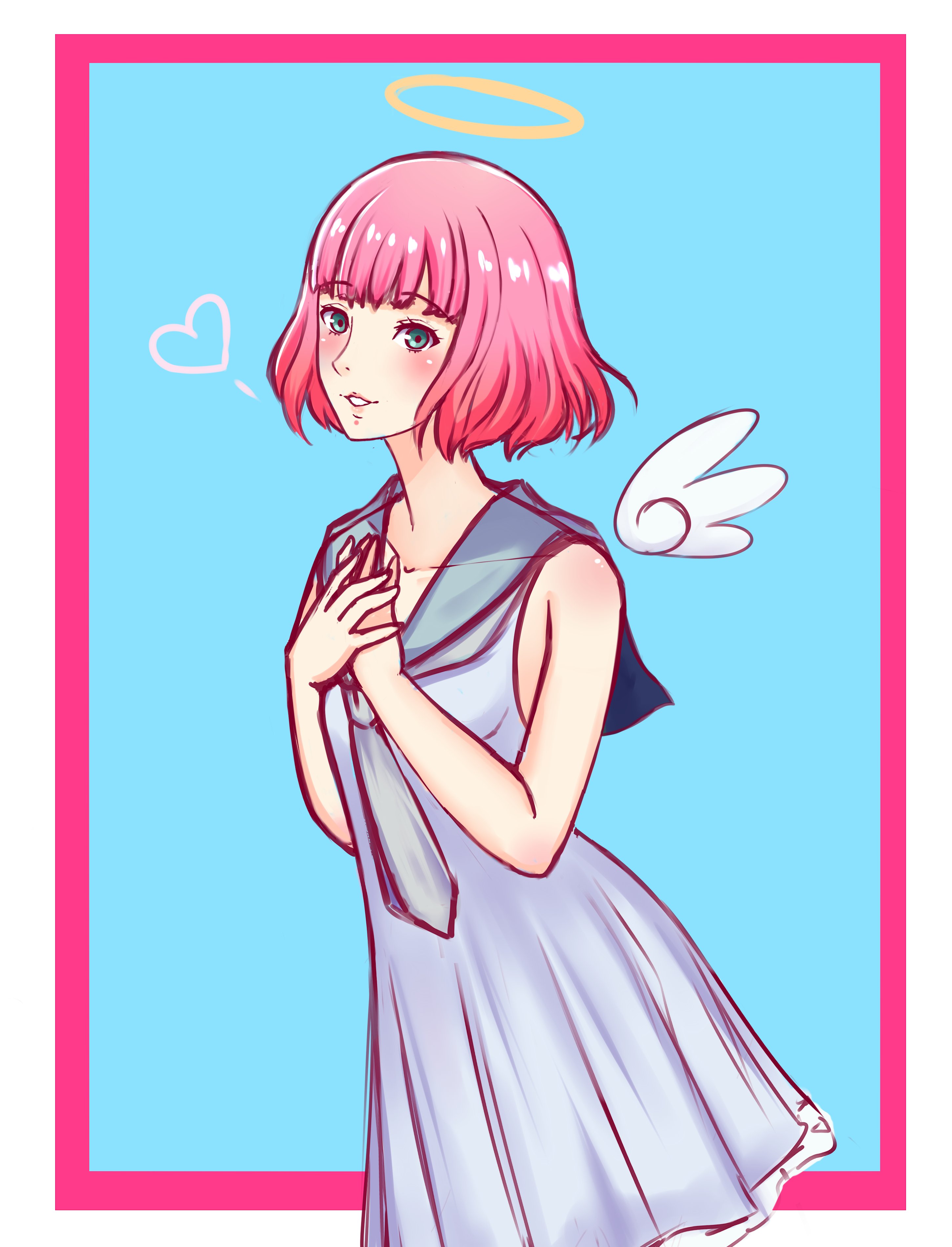 kotavandeven, rin (catherine), catherine: full body, catherine (game), absurdres, highres, 1boy, angel wings, blue background, blue dress, blue necktie, blue serafuku, blush, bob cut, border, crossdressing, crossdressing (mtf), dress, frilled dress, frills, green eyes, halo, hand on own chest, heart, looking at viewer, necktie, own hands together, pink border, pink hair, school uniform, serafuku, short hair, sleeveless, sleeveless dress, smile, trap, white background, wings, yellow halo