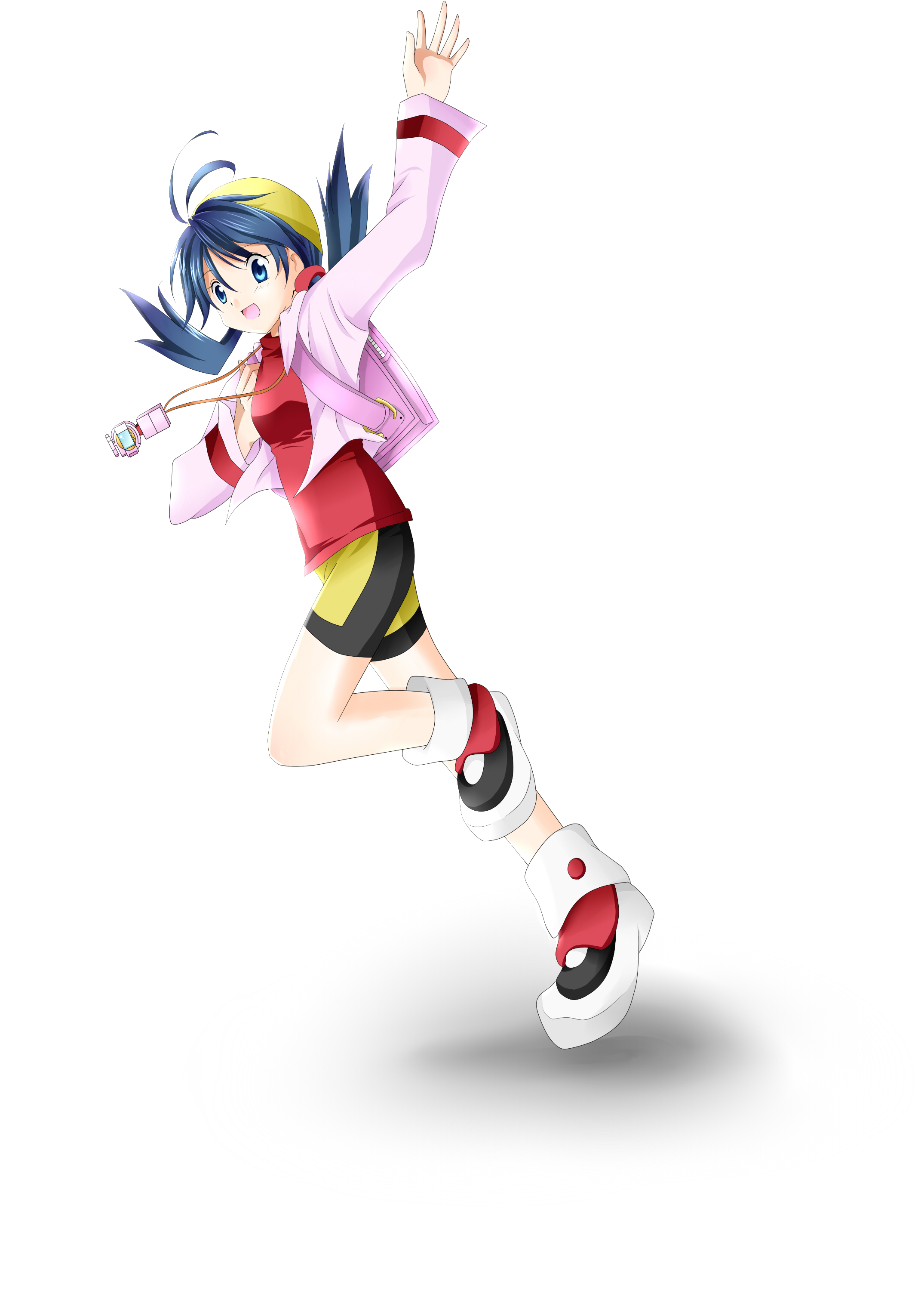 mimuro430, kris (pokemon), nintendo, pokemon, pokemon adventures, pokemon gsc, absurdres, highres, 1990s (style), 1girl, backpack, bag, bike shorts, blue eyes, blue hair, female focus, hat, matching hair/eyes, pokegear, randoseru, retro artstyle, solo, twintails