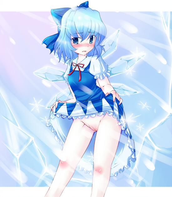sesield, cirno, embodiment of scarlet devil, touhou, 1girl, blue eyes, blue hair, blush, body blush, bow, embarrassed, female focus, hair bow, ice, matching hair/eyes, pussy, short hair, solo, uncensored, wavy mouth, wings