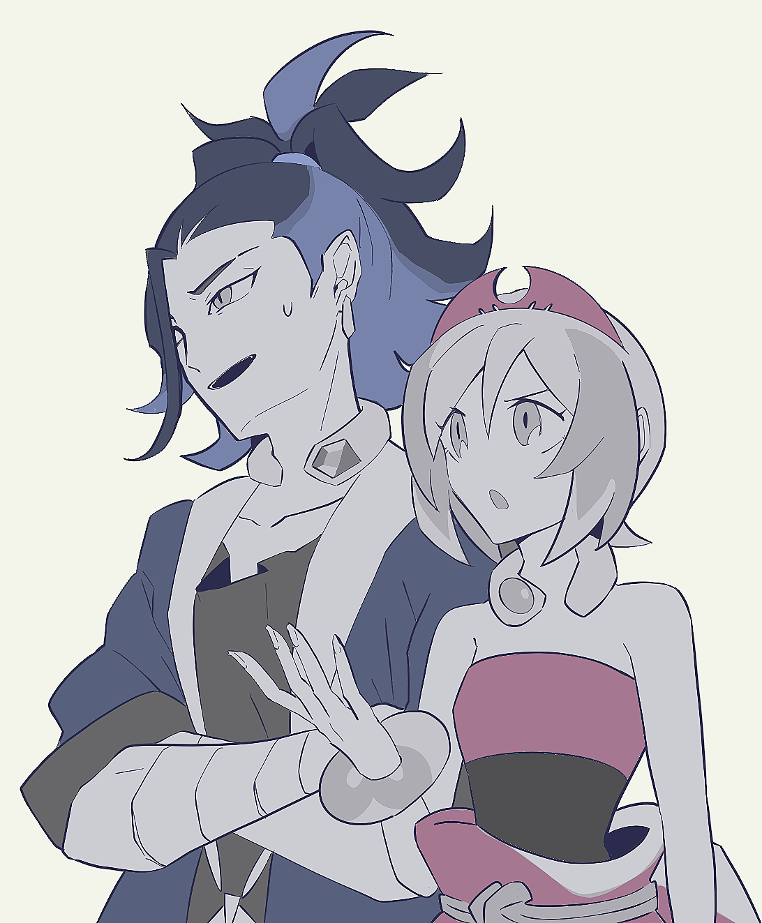 yuji 086, adaman (pokemon), irida (pokemon), nintendo, pokemon, pokemon legends: arceus, highres, 1boy, 1girl, arm wrap, blue coat, blue hair, coat, collarbone, crossed arms, eyebrow cut, hairband, open mouth, red hairband, shirt, spot color, strapless, strapless shirt, upper body, yellow background