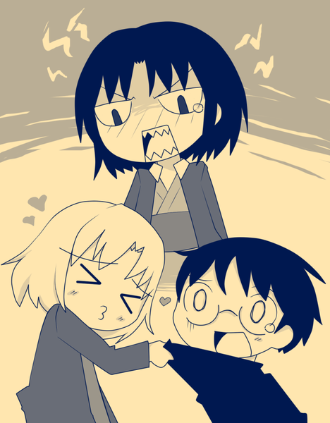 tsumura z, kokutou mikiya, ryougi shiki, shirazumi lio, kara no kyoukai, resized, > <, angry, blush, chibi, collar grab, glasses, grabbing another's shirt, heart, japanese clothes, kimono, kiss, monochrome, o o, pixiv thumbnail, sharp teeth