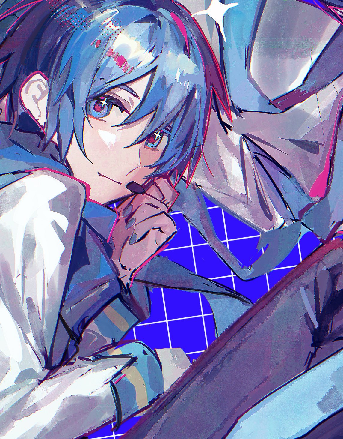 nidu (2du du), kaito (vocaloid), vocaloid, commentary request, highres, 1boy, arm up, blue eyes, blue hair, blue nails, blue pants, closed mouth, coat, grid background, headset, looking at viewer, lying, male focus, nail polish, on side, pants, parted hair, short hair, sleeve cuffs, solo, white coat