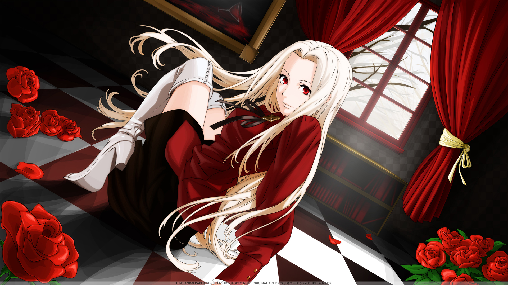 irisviel von einzbern, fate/stay night, fate/zero, fate (series), derivative work, highres, non-web source, third-party edit, vector trace, 1girl, albino, blonde hair, boots, female focus, long hair, no legwear, red eyes, solo, thigh boots, thighhighs, white hair