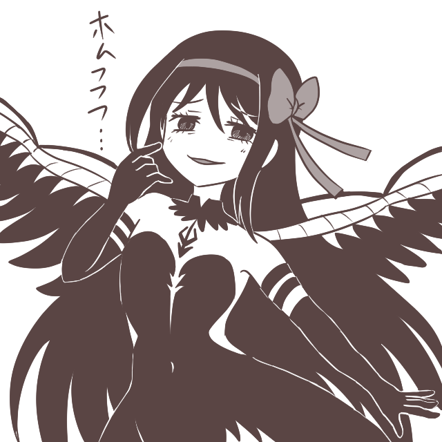 watabukuro, akemi homura, akuma homura, mahou shoujo madoka magica, commentary request, black collar, black dress, black eyes, black feathers, black hair, black sleeves, black wings, bow, collar, detached collar, detached sleeves, dress, feathered wings, feathers, grey bow, hair bow, hand up, limited palette, long hair, looking at viewer, open mouth, sidelocks, simple background, smug, upper body, white background, wings