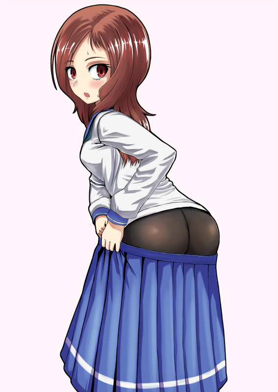 coupe50, takei hisa, saki (manga), 1girl, ass, brown eyes, brown hair, female focus, looking back, no panties, pantyhose, pleated skirt, school uniform, serafuku, short hair, skirt, solo, undressing