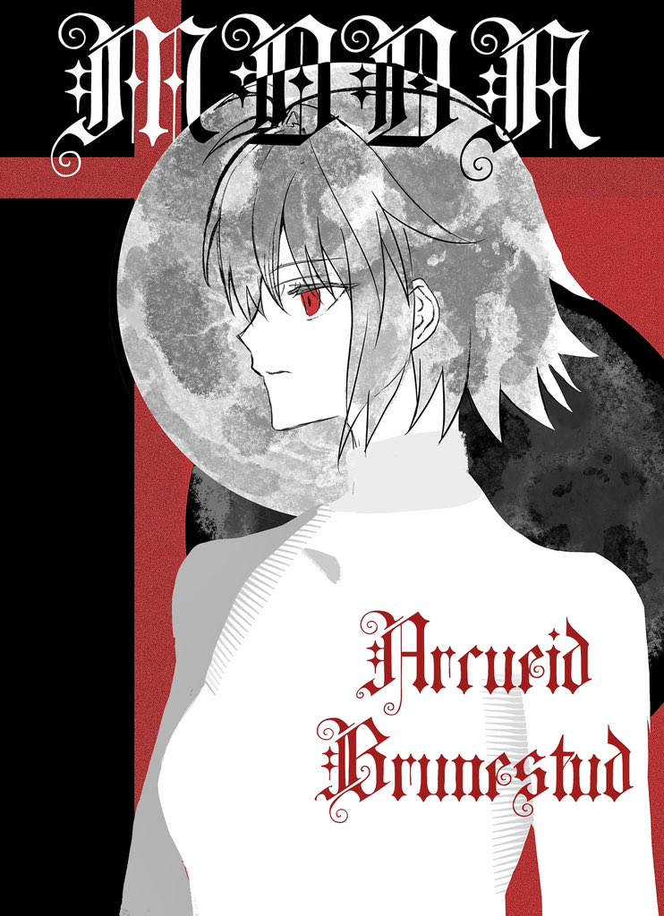 arcueid brunestud, tsukihime, tsukihime (remake), commentary, symbol-only commentary, 1girl, ahoge, breasts, english text, from side, full moon, hair intakes, looking to the side, monochrome, moon, red eyes, short hair, sidelocks, solo, sweater, turtleneck, turtleneck sweater, upper body, woodsheep59366