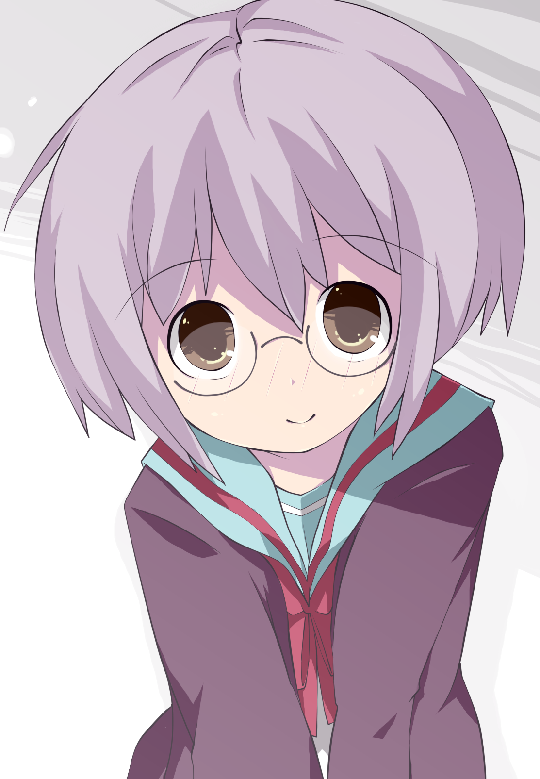 tsumura z, nagato yuki, suzumiya haruhi no shoushitsu, suzumiya haruhi no yuuutsu, highres, 10s, blue hair, brown eyes, cardigan, glasses, school uniform, serafuku, smile, solo