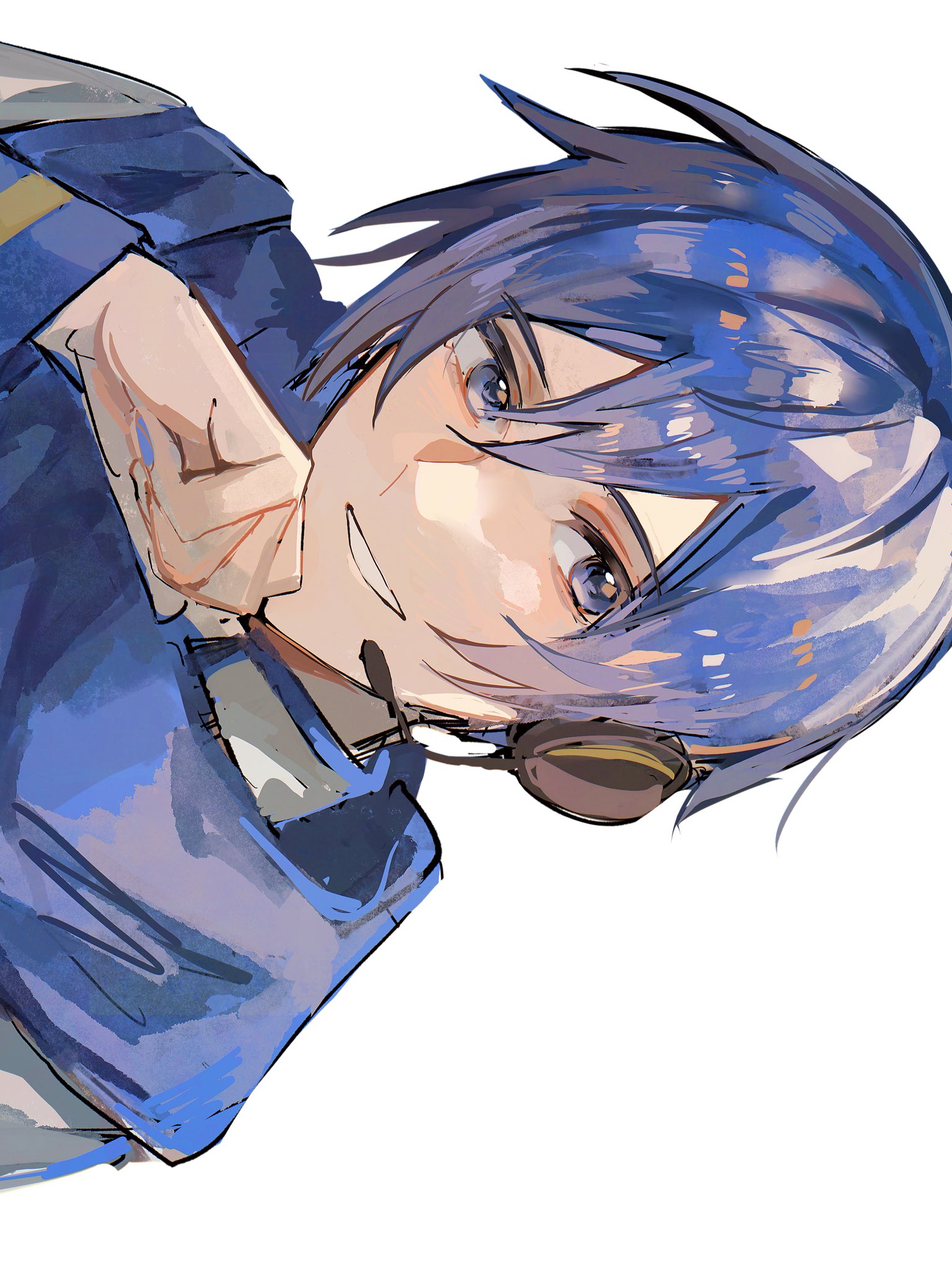 nidu (2du du), kaito (vocaloid), vocaloid, commentary request, highres, 1boy, blue hair, blue scarf, double-parted bangs, hair between eyes, headset, long sleeves, looking to the side, male focus, parted lips, scarf, sideways, sideways glance, simple background, smile, solo, white background