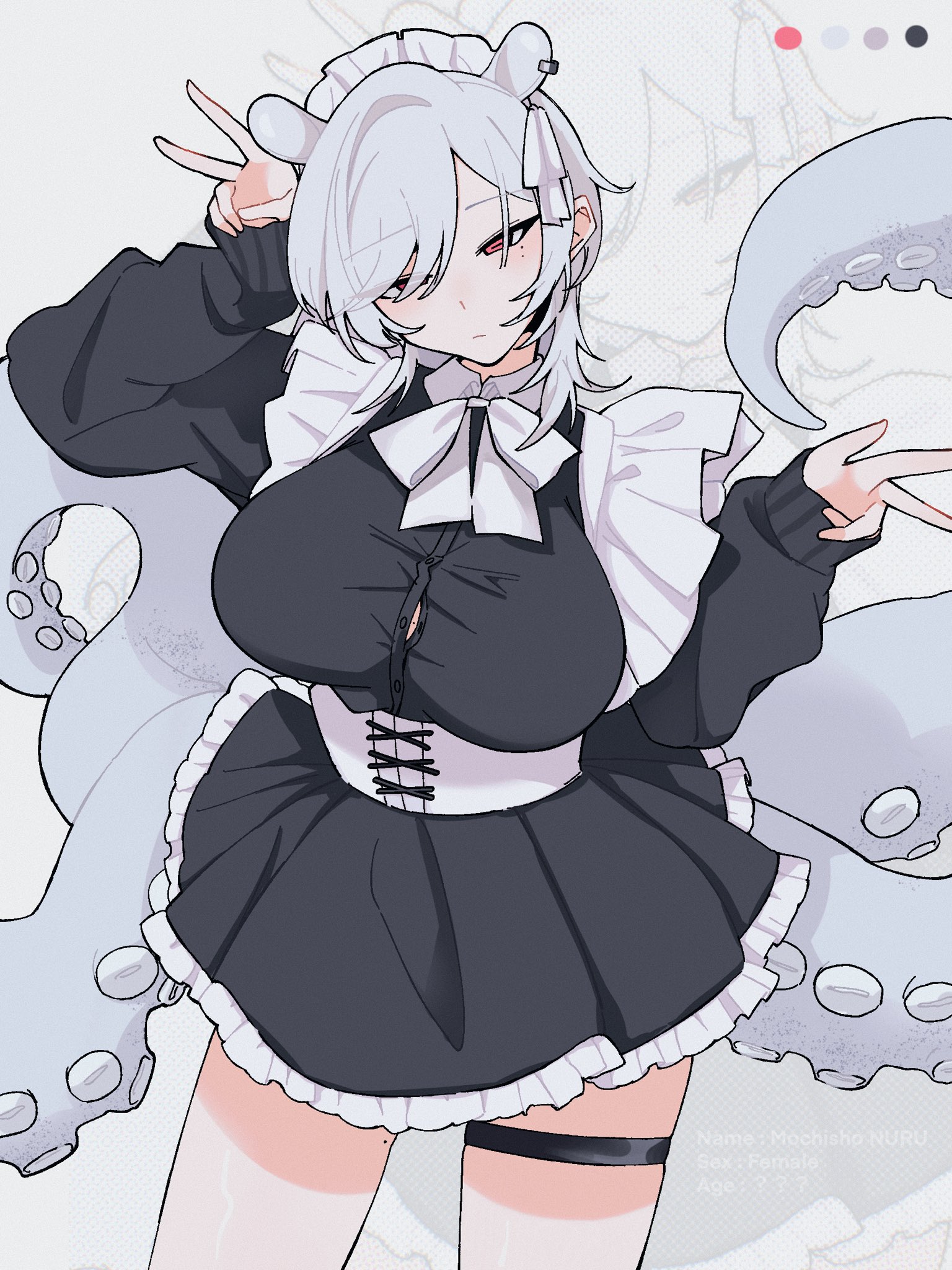 uumi hinata, original, commentary request, highres, 1girl, animal ears, asymmetrical sidelocks, black dress, bow, bowtie, breasts, cephalopod eyes, character background, collared dress, corset, cowboy shot, double v, dress, earrings, frilled dress, frills, frown, hair ornament, hair over one eye, halftone, halftone background, head tilt, jewelry, large breasts, looking at viewer, maid, maid headdress, medium hair, mole, mole on thigh, mole under eye, monster girl, octopus ears, partially unbuttoned, red eyes, scylla, sidelocks, single earring, single hair intake, skindentation, sleeves past wrists, solo, standing, swept bangs, tentacles, thigh strap, tight clothes, tsurime, unkempt, v, w, white bow, white corset, wolf cut