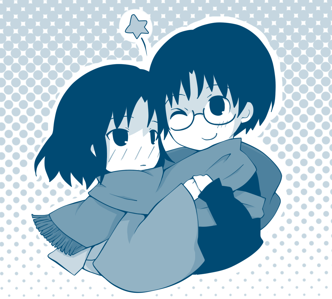 tsumura z, kokutou mikiya, ryougi shiki, kara no kyoukai, 1boy, 1girl, blue background, blue theme, blush, couple, glasses, halftone, halftone background, hetero, holding hands, japanese clothes, kimono, monochrome, one eye closed, scarf, shared clothes, shared scarf, star (symbol), wink