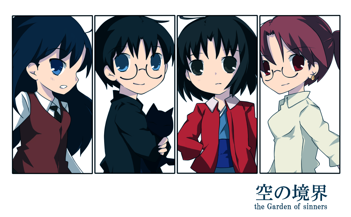 tsumura z, aozaki touko, kokutou azaka, kokutou mikiya, ryougi shiki, kara no kyoukai, 1boy, 3girls, black hair, blue eyes, cat, coat, column lineup, english text, glasses, jacket, japanese clothes, kimono, long hair, multiple girls, necktie, obi, ponytail, red eyes, red jacket, sash, school uniform, smile, vest, waistcoat