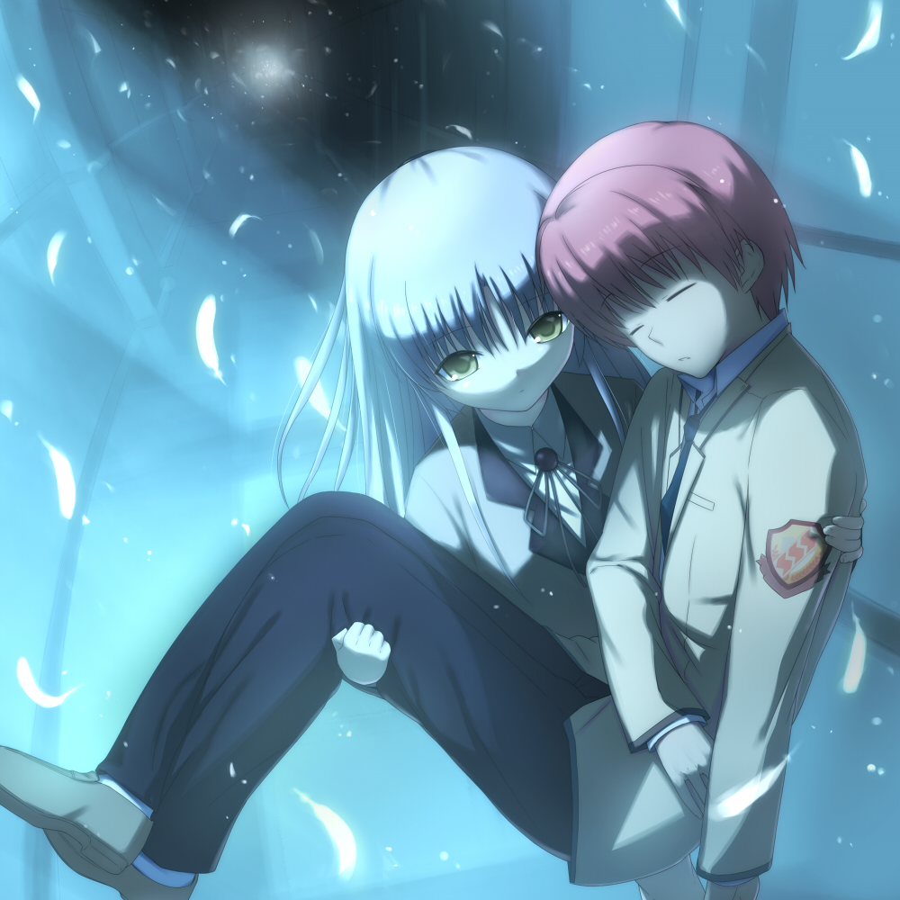 kanna asuke, otonashi yuzuru, tenshi (angel beats!), angel beats!, 10s, angel, blazer, blue hair, carrying, long hair, princess carry, school uniform, yellow eyes