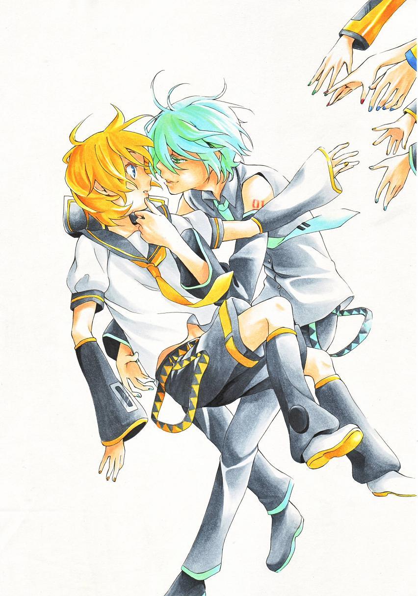 hatsune miku, hatsune mikuo, kagamine len, kagamine rin, kaito (vocaloid), megurine luka, meiko (vocaloid), vocaloid, highres, 2boys, fall, male focus, multiple boys, yaoi