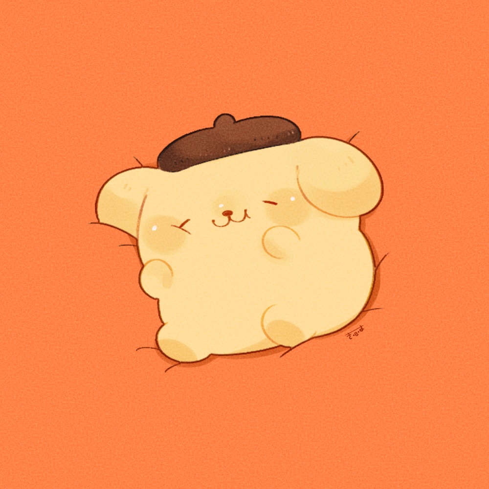 tenmiyakiyo, pompompurin, sanrio, commentary, symbol-only commentary, :3, closed eyes, closed mouth, lying, no humans, on back, orange background, sleeping, solo