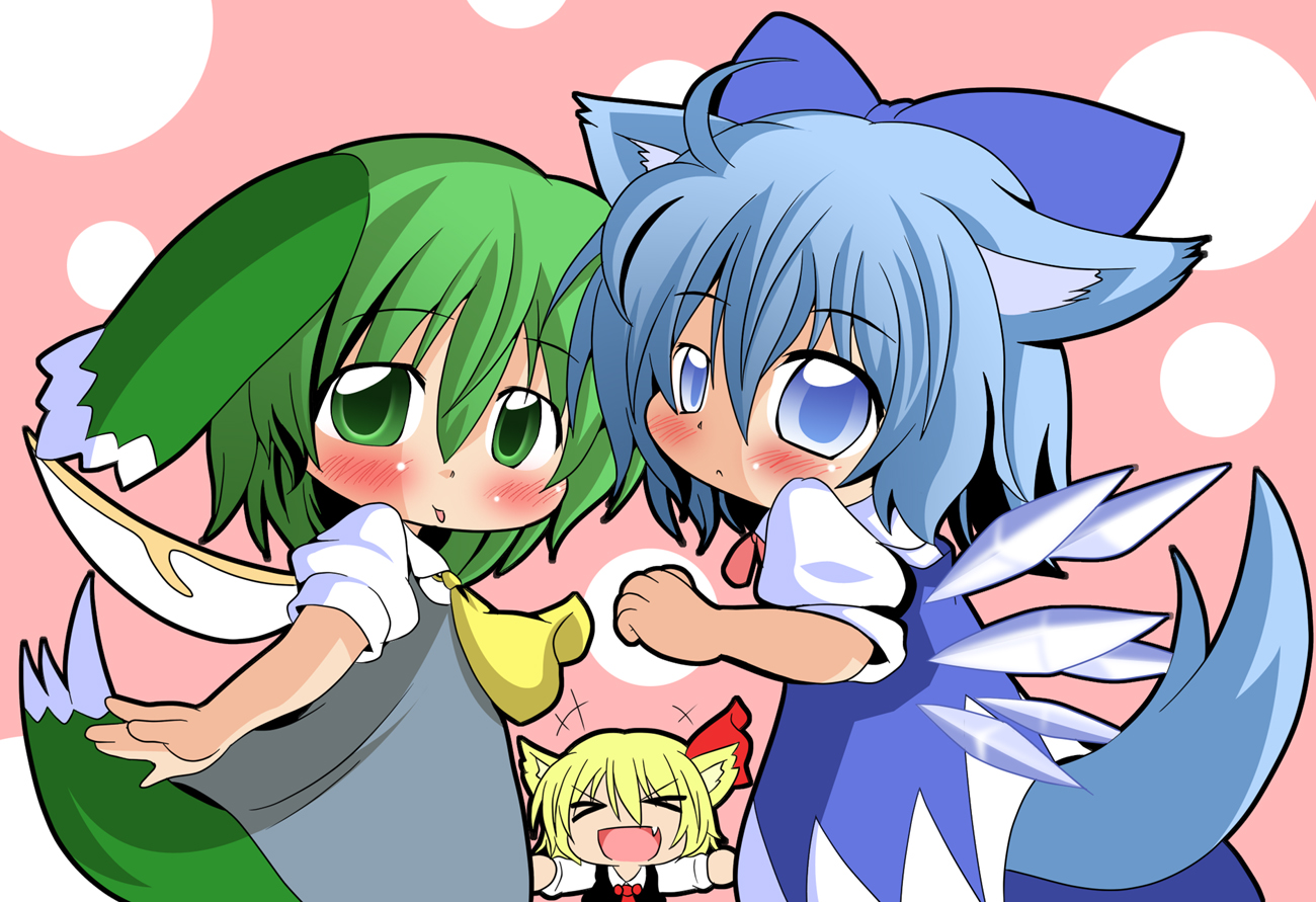 com (chocolate blossom), cirno, daiyousei, rumia, embodiment of scarlet devil, touhou, bad id, bad pixiv id, > <, 3girls, animal ears, blonde hair, blue eyes, blue hair, bow, closed eyes, dog ears, dog tail, fang, green eyes, green hair, hair bow, hair ribbon, kemonomimi mode, multiple girls, open mouth, ribbon, short hair, side ponytail, tail, wings