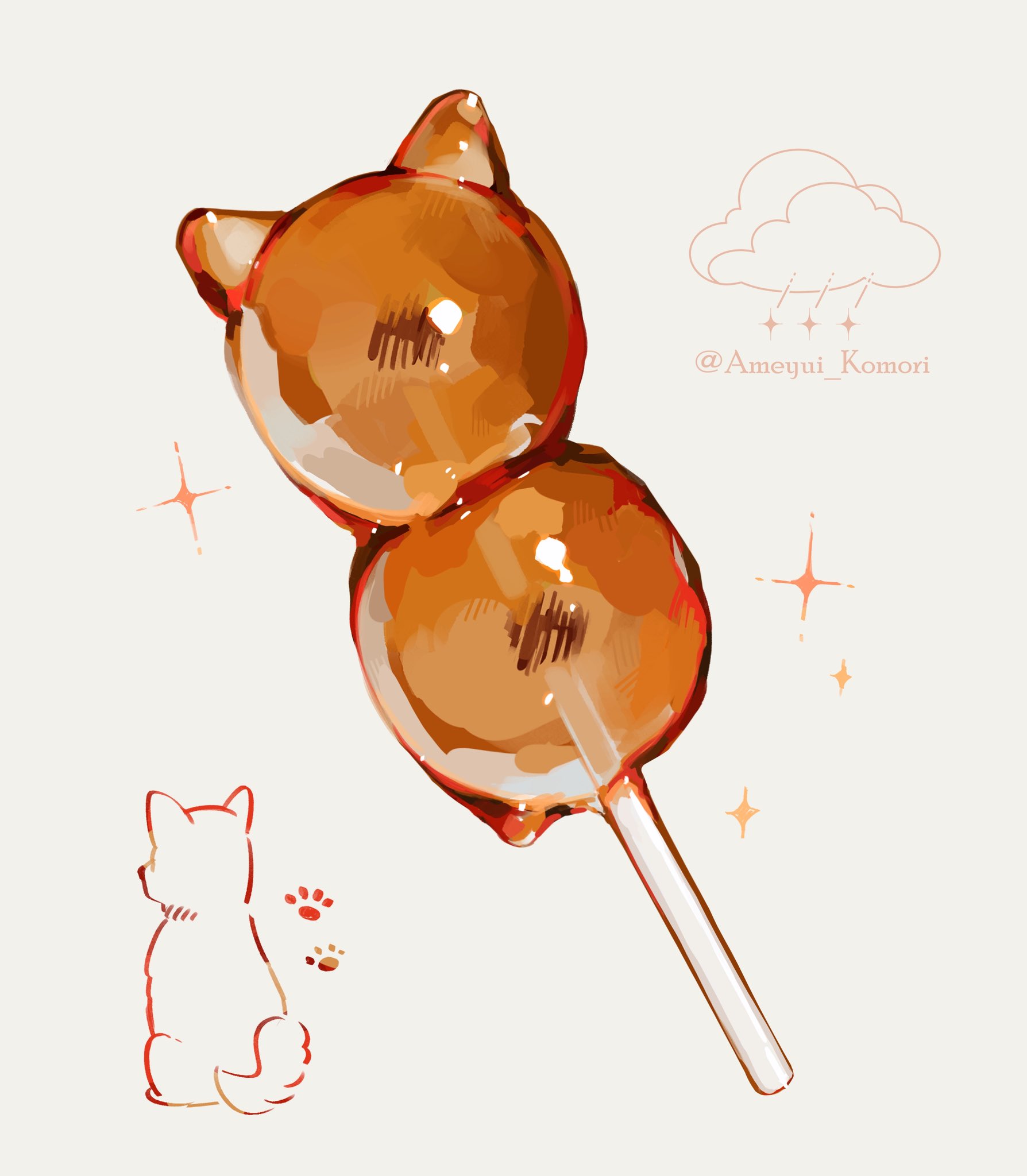ameyui komori, original, commentary request, highres, animal-themed food, artist name, cloud, dango, dog, food, food focus, no humans, paw print, shiba inu, wagashi, white background