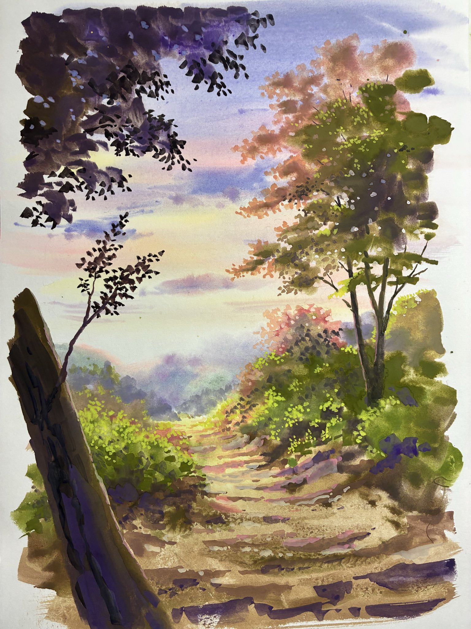 doremifa84, original, commentary request, highres, branch, cloud, cloudy sky, evening, nature, no humans, outdoors, path, road, scenery, sky, tree