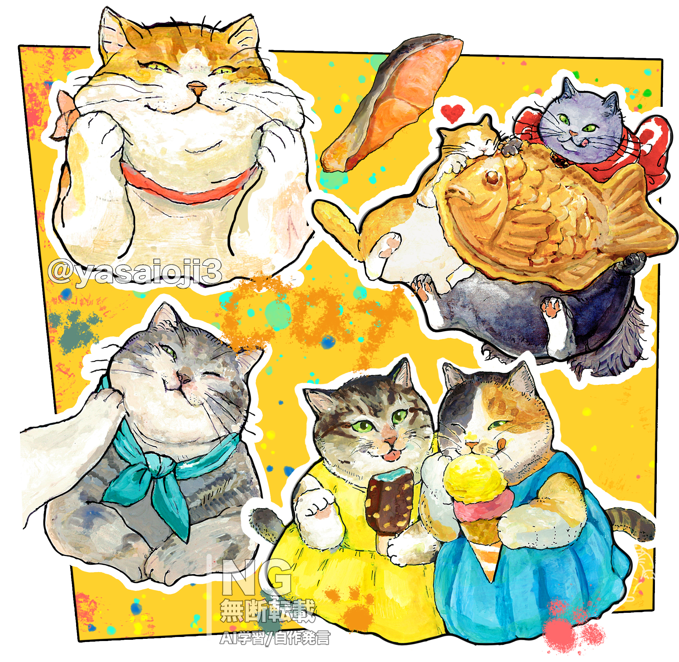 yasaioji3, original, hashtag-only commentary, highres, animal, animal focus, artist name, blue dress, blue ribbon, cat, dress, fish (food), food, heart, holding, holding food, holding ice cream, holding ice cream cone, ice cream, ice cream bar, ice cream cone, multiple scoops, no humans, ribbon, taiyaki, tongue, tongue out, wagashi, yellow dress