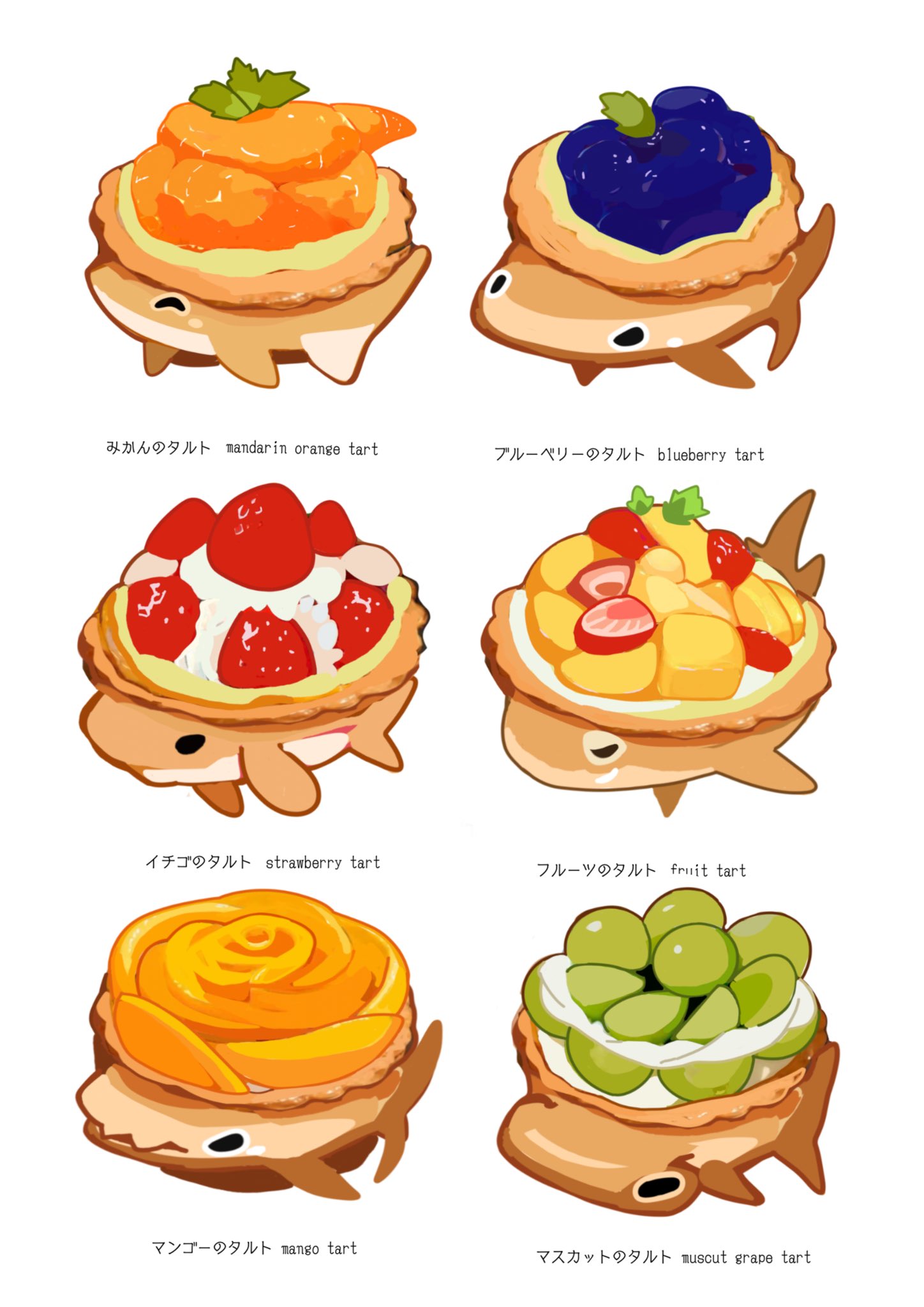 original, highres, animal-themed food, blueberry tart, food, food name, fruit, fruit tart, grapes, mango slice, no humans, okashitofushigi, orange tart, shark, simple background, strawberry, strawberry tart, tart (food), white background