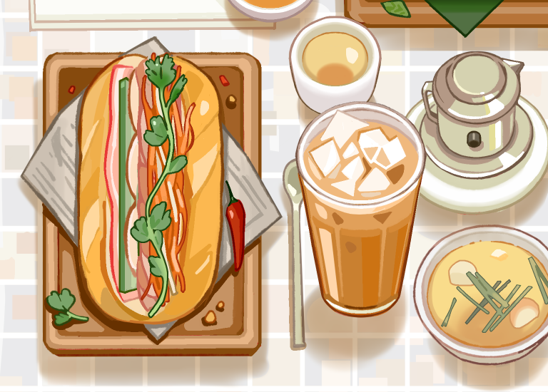 pending url, original, banh mi, bread, chili pepper, coffee, cup, food, food focus, ice, ice cube, iced coffee, no humans, sandwich, submarine sandwich