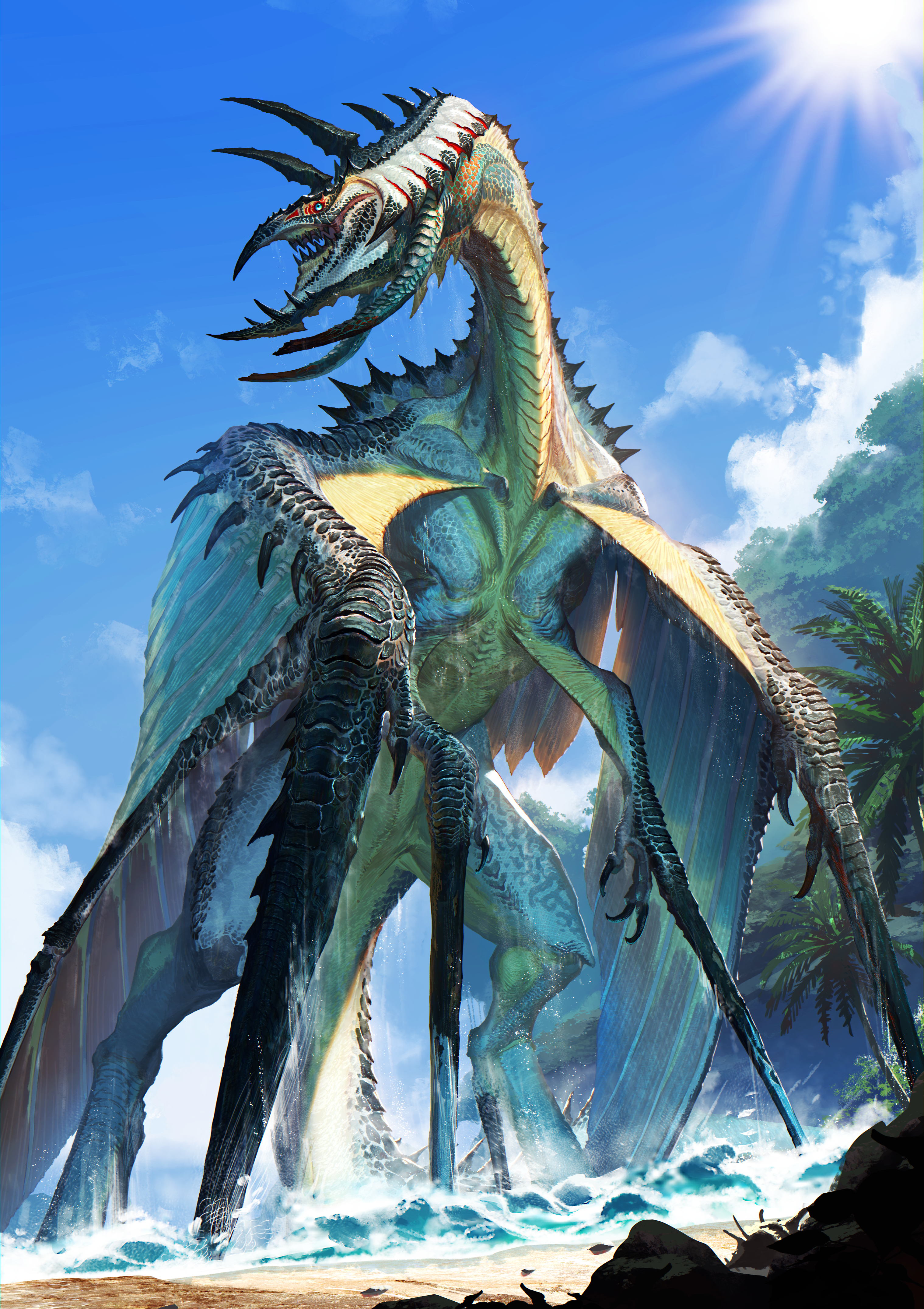 yaziri, original, absurdres, commentary request, highres, beach, blue sky, cloud, cloudy sky, day, monster, monster focus, no humans, ocean, outdoors, palm tree, sand, sky, tree