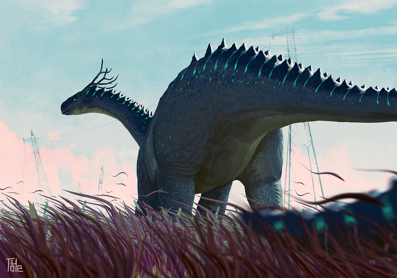 toy(e), original, commentary request, antlers, blue sky, day, dinosaur, grass, horns, monster, monster focus, no humans, outdoors, sky, transmission tower