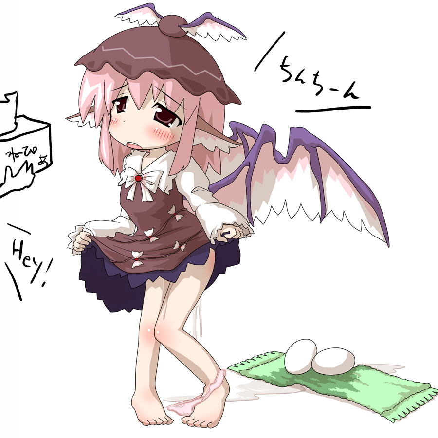 tsai yoko, mystia lorelei, touhou, 1girl, animal ears, barefoot, blush, egg, egg laying, female focus, full body, hat, panties, pink hair, pink panties, pussy juice, short hair, solo, towel, underwear, white background, wings