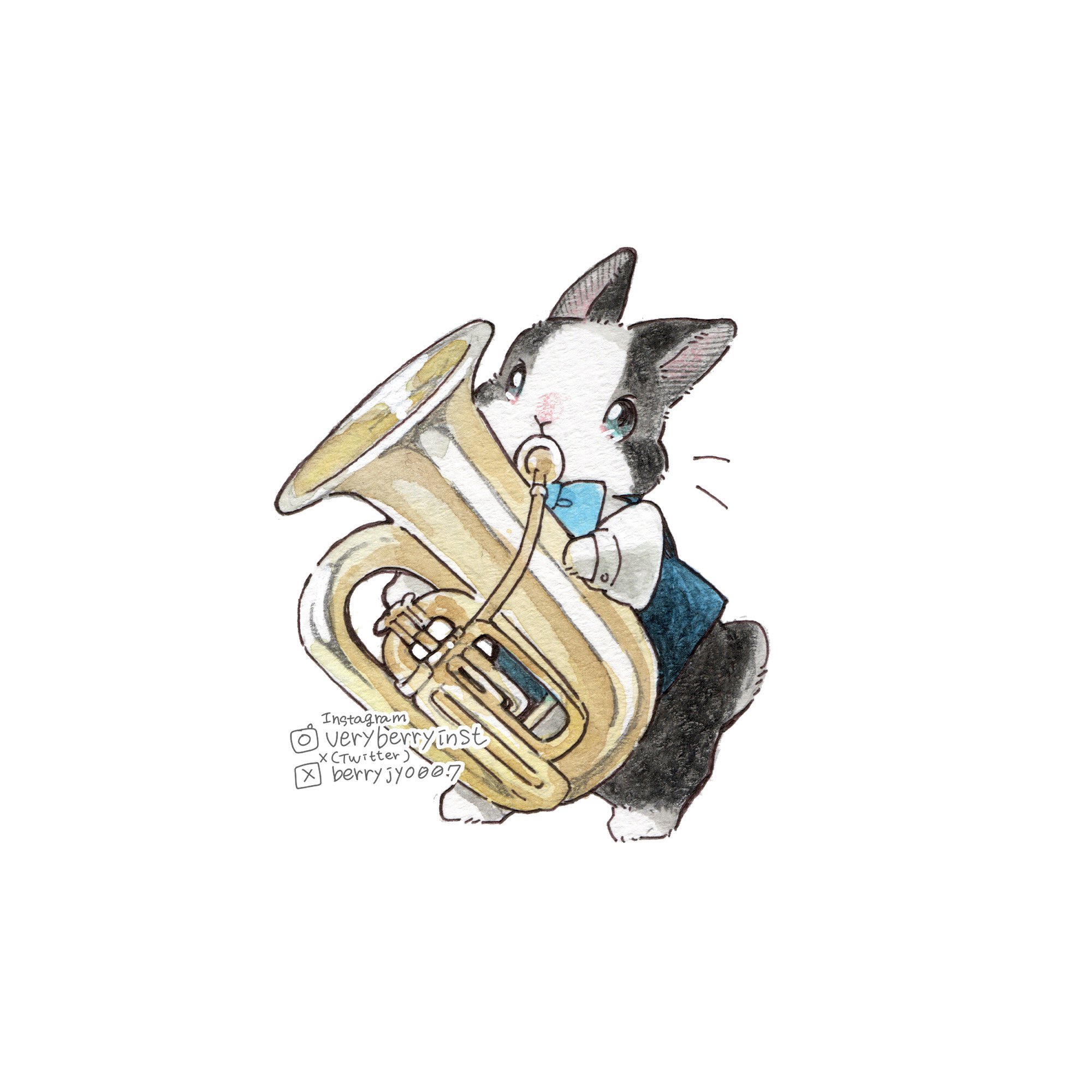 berry jou, original, commentary request, highres, animal, animal focus, blue bow, blue bowtie, blue vest, bow, bowtie, holding, holding instrument, instagram username, instrument, music, no humans, playing instrument, rabbit, simple background, tuba, twitter username, vest, white background