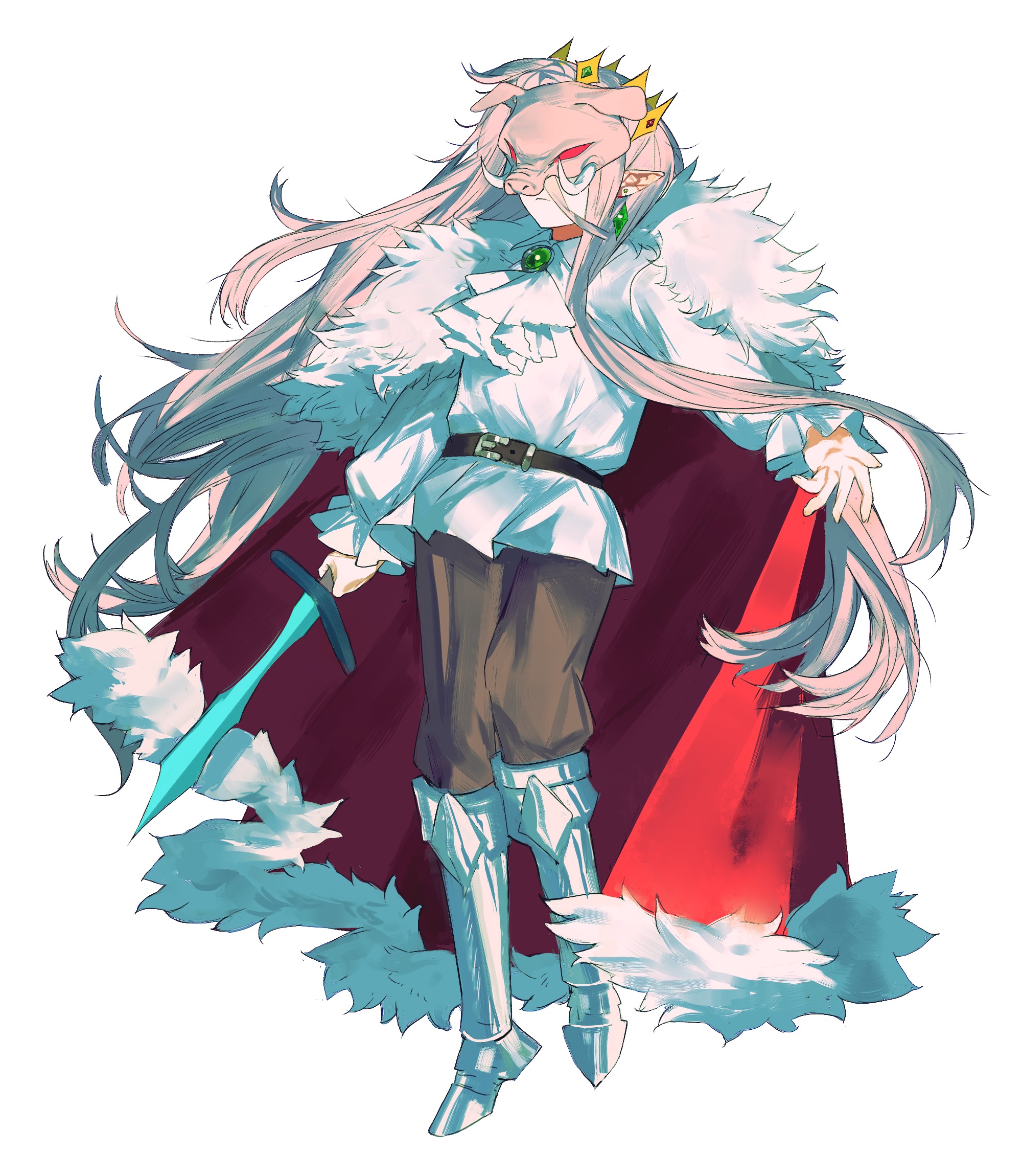 technoblade, dream smp, minecraft youtube, artist request, chinese commentary, commentary request, commission, highres, second-party source, variant set, 1boy, androgynous, animification, armored boots, ascot, belt, bishounen, boots, brooch, brown belt, brown pants, cape, crown, earrings, full body, fur-trimmed cape, fur trim, gold crown, hair between eyes, holding, holding sword, holding weapon, humanization, jeweled crown, jewelry, long hair, long sleeves, male focus, mask, minecraft sword, pants, pig mask, pink hair, pointed crown, pointy ears, red cape, shirt, simple background, single earring, solo, sword, tachi-e, tusks, very long hair, weapon, white ascot, white background, white shirt