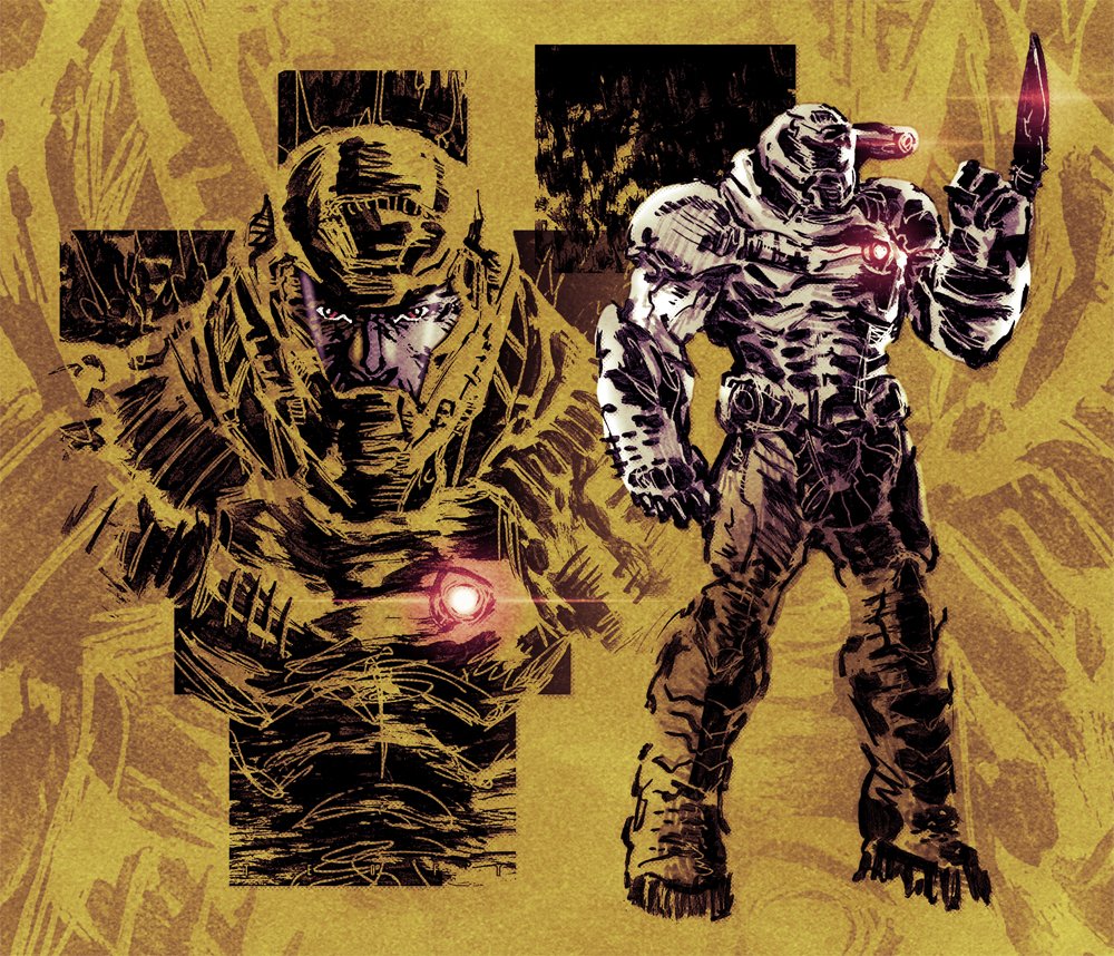 teoft, doomguy, doom (series), 1boy, armor, assault visor, energy gun, green armor, grey visor, male focus, mark of the doom slayer, plasma rifle, praetor suit, solo, space marine, weapon