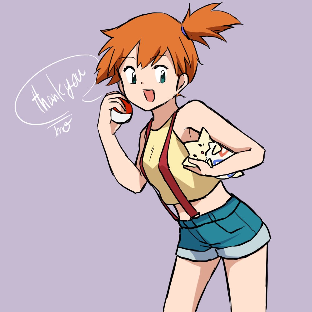 misty (pokemon), togepi, nintendo, pokemon, pokemon (anime), pokemon (classic anime), pokemon rgby, 1girl, :d, bare arms, blue shorts, breasts, cowboy shot, crop top, denim, denim shorts, english text, eyelashes, gen 2 pokemon, green eyes, green shorts, grey background, hair tie, hand up, holding, holding poke ball, holding pokemon, midriff, open mouth, orange hair, poke ball, poke ball (basic), pokemon (creature), ponytail, purple background, shirt, short hair, short shorts, shorts, side ponytail, simple background, sleeveless, sleeveless shirt, small breasts, smile, solo, speech bubble, suspender shorts, suspenders, thank you, tongue, yellow shirt