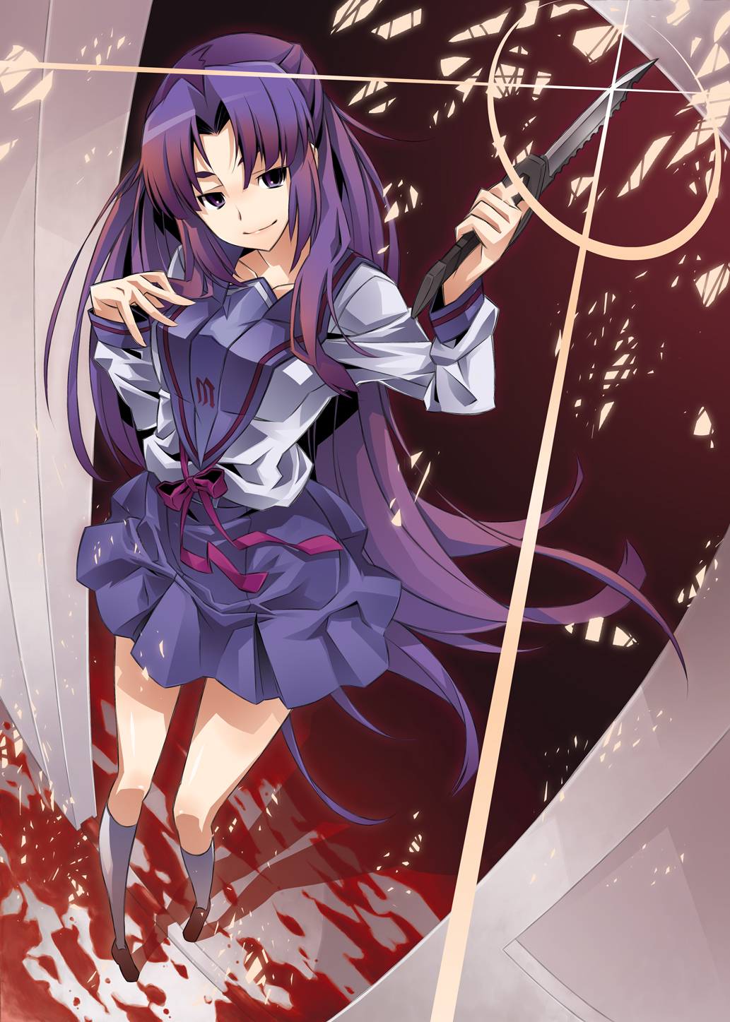 yamanami kousuke, asakura ryoko, suzumiya haruhi no yuuutsu, bad id, bad pixiv id, highres, blood, blue eyes, blue hair, kneehighs, knife, long hair, school uniform, serafuku, socks, solo