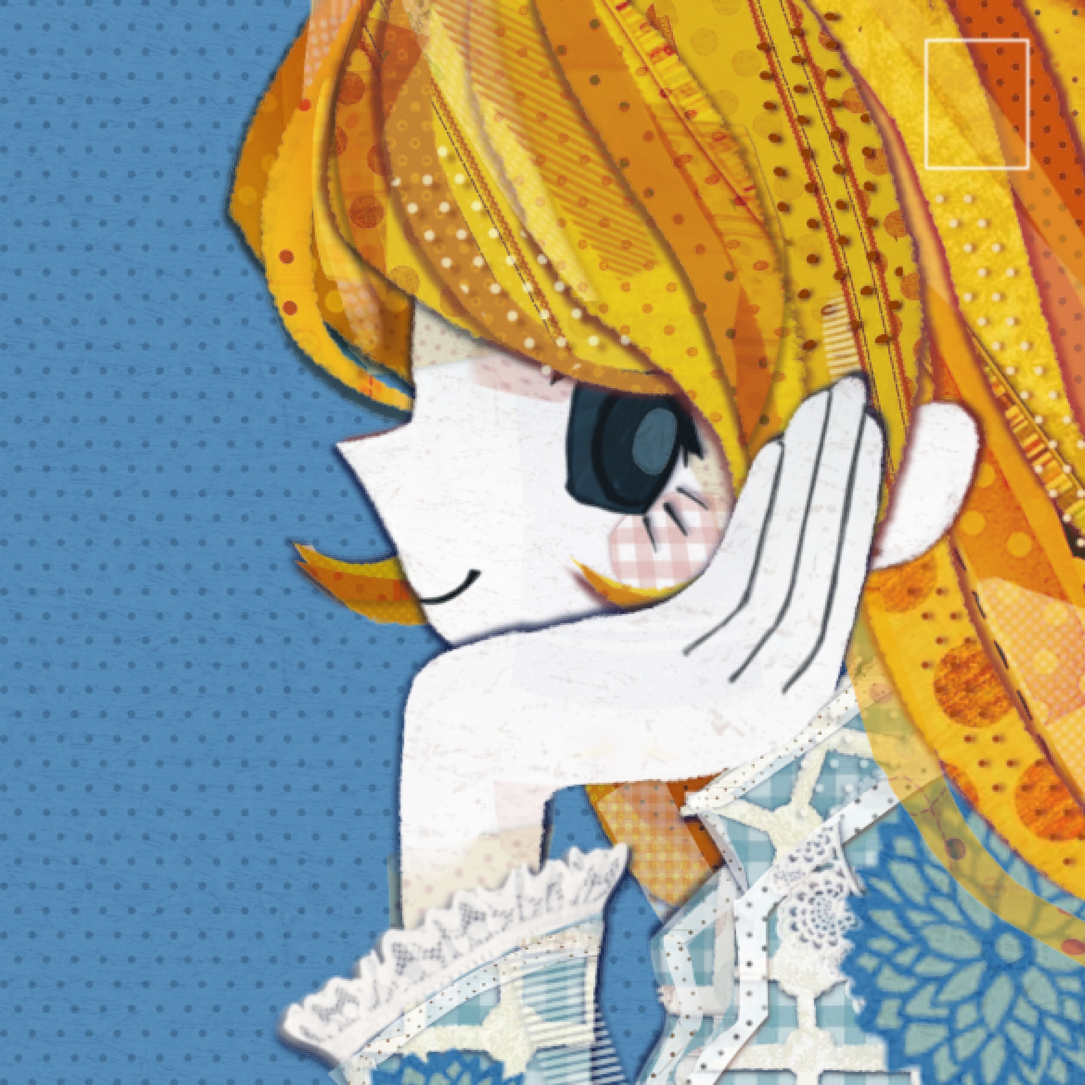 abcdef-t, absurdres, commentary, derivative work, english commentary, highres, 1girl, album cover redraw, blonde hair, blue background, blue eyes, collage (medium), faux traditional media, flower, from side, hand on own face, lace-trimmed sleeves, lace trim, long hair, long sleeves, pitcher56, polka dot, polka dot background, portrait, profile, smile, solo