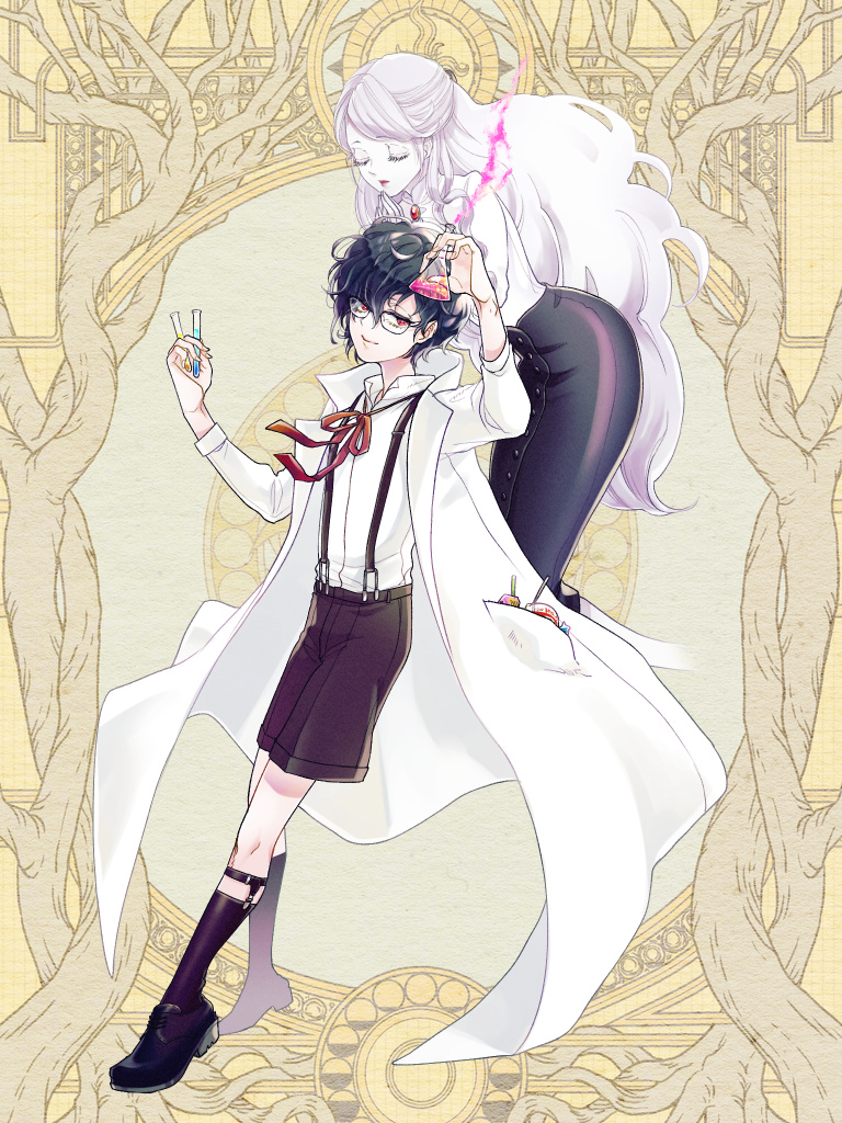 kouco (kouno), dairoku ryouhei, 2girls, black shoes, black shorts, black socks, christoph poe, closed eyes, colored skin, holding beaker, lab coat, multiple girls, own hands together, potion, red eyes, shirt, shoes, short hair, shorts, socks, suspenders, vial, white hair, white shirt, white skin, yellow background