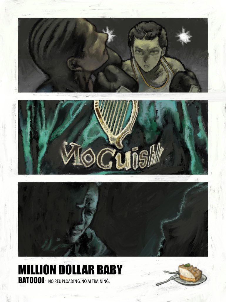 batooo j, commentary, spoilers, 1boy, 2girls, artist name, boxing, boxing gloves, cake, cake slice, food, fork, frankie dunn, looking at another, maggie fitzgerald, million dollar baby, multiple girls, pie, pie slice, punching, tank top, white tank top