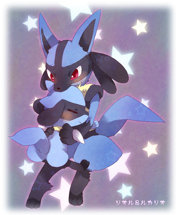 moka-momaka, lucario, riolu, nintendo, pokemon, bad id, bad pixiv id, blush, body fur, chibikemo, closed eyes, evolutionary line, furry, gen 4 pokemon, head rest, hug, pokemon (creature), star (symbol)