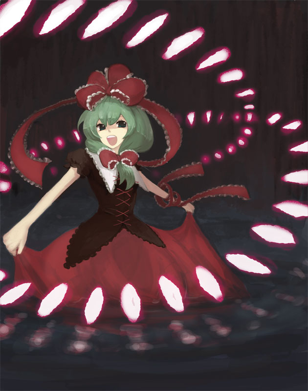 eeyasu, kagiyama hina, touhou, 1girl, bow, female focus, front ponytail, green eyes, green hair, hair bow, matching hair/eyes, solo