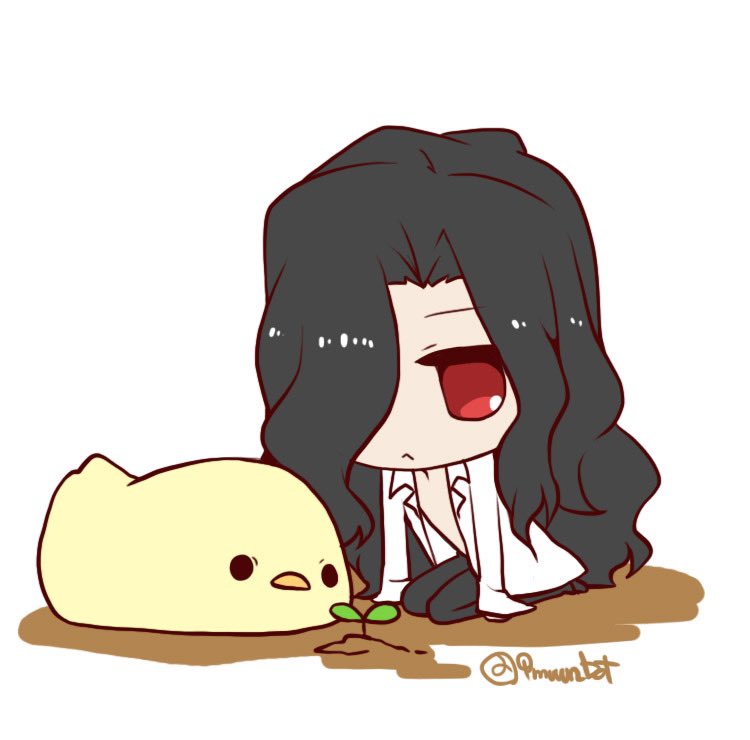 hatayanagi shizuku, michael roa valdamjong, tsukihime, commentary request, 1boy, animal, arm support, baby animal, bird, black pants, chibi, chick, collared shirt, hair over one eye, kneeling, long hair, male focus, open clothes, open shirt, pants, plant, red eyes, shirt, sidelocks, solid oval eyes, white shirt