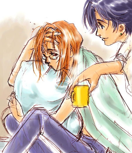nishida asako, anubituf (simoun), guragief (simoun), simoun, 00s, 2boys, cigarette, coffee, glasses, morning, multiple boys, pillow, sleepy