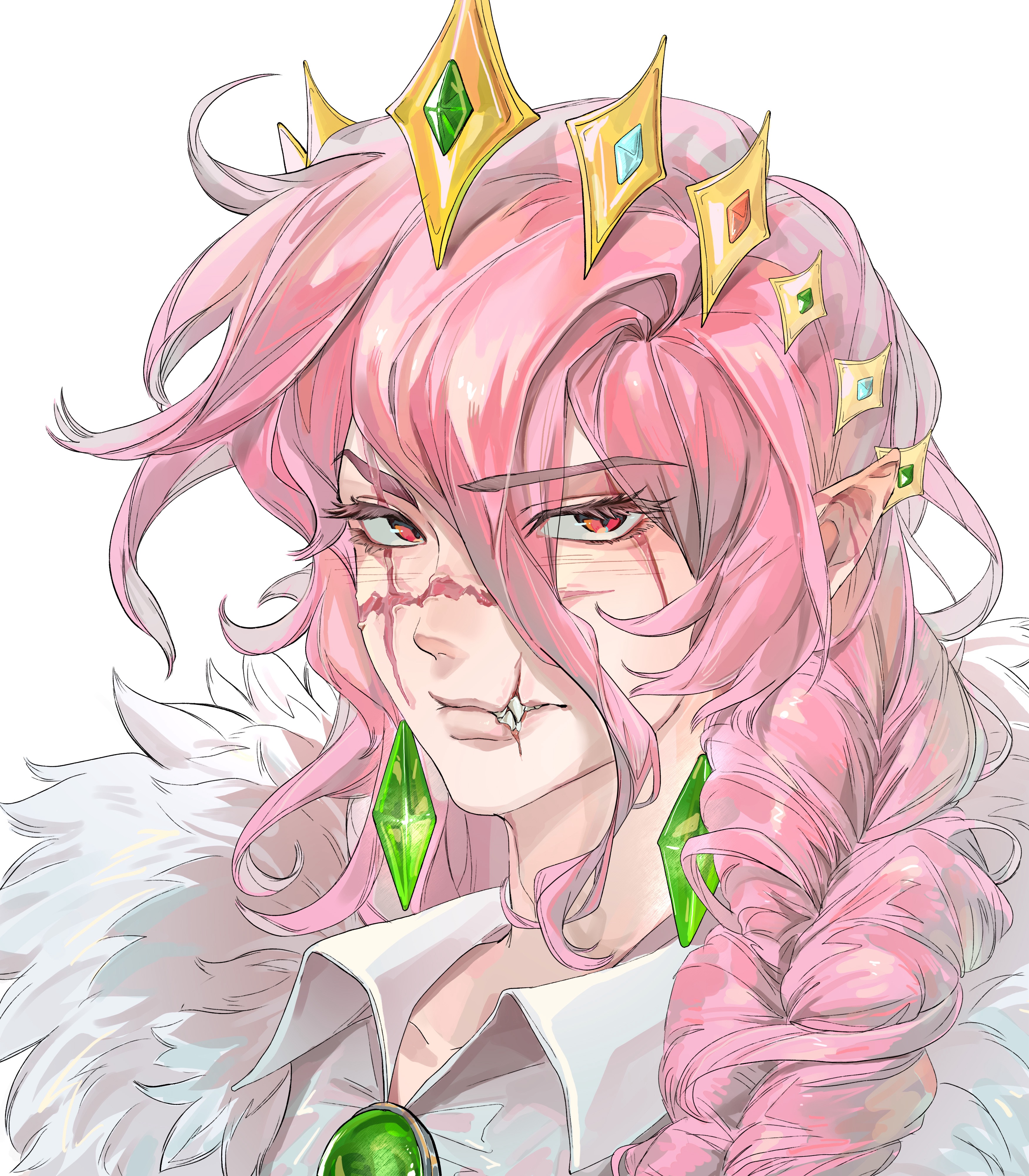 technoblade, dream smp, minecraft youtube, absurdres, artist request, chinese commentary, commentary request, commission, highres, second-party source, 1boy, androgynous, animification, bishounen, braid, brooch, crown, earrings, eyelashes, fur trim, gold crown, hair between eyes, humanization, jewelry, long hair, looking at viewer, male focus, pink hair, pointed crown, pointy ears, portrait, red eyes, scar, scar on face, shirt, side braid, simple background, slit pupils, solo, teeth, white background, white shirt