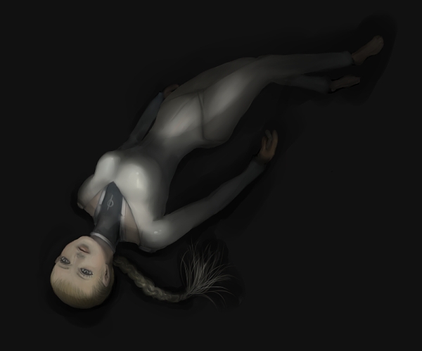 yagi norihiro, ophelia (claymore), claymore (series), 1girl, blonde hair, bodysuit, braid, dark, female focus, floating, long hair, single braid, solo, upside-down