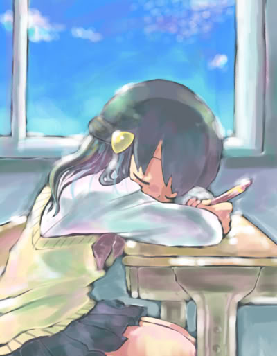 ameri (cham), dawn (pokemon), nintendo, pokemon, md5 mismatch, 1girl, classroom, closed eyes, desk, female focus, indoors, long hair, school, school uniform, sleeping, solo, window