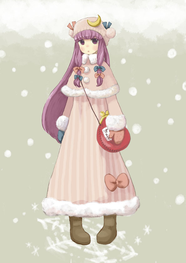 eeyasu, patchouli knowledge, perfect cherry blossom, touhou, 1girl, bow, coat, female focus, hair bow, hat, long hair, mittens, pigeon-toed, purple eyes, purple hair, ribbon, snow, solo, winter, winter clothes