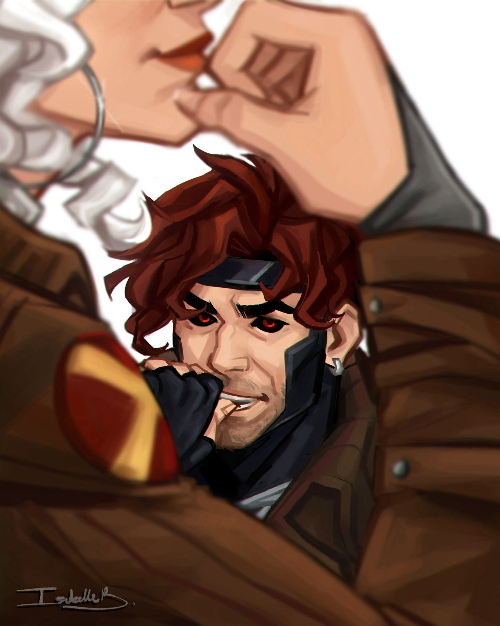 isa anartist, gambit, rogue (x-men), marvel, marvel rivals, x-men, commentary, english commentary, highres, 1boy, 1girl, biting, biting own thumb, black bridal gauntlets, black gloves, black sclera, blurry, blurry foreground, bridal gauntlets, brown jacket, colored sclera, couple, curly hair, depth of field, earrings, eyes out of frame, facial hair, fingerless gloves, gloves, head out of frame, hetero, hoop earrings, husband and wife, jacket, jewelry, red eyes, red hair, red lips, short hair, signature, silver earrings, stubble, teeth, upper body, white background, white hair