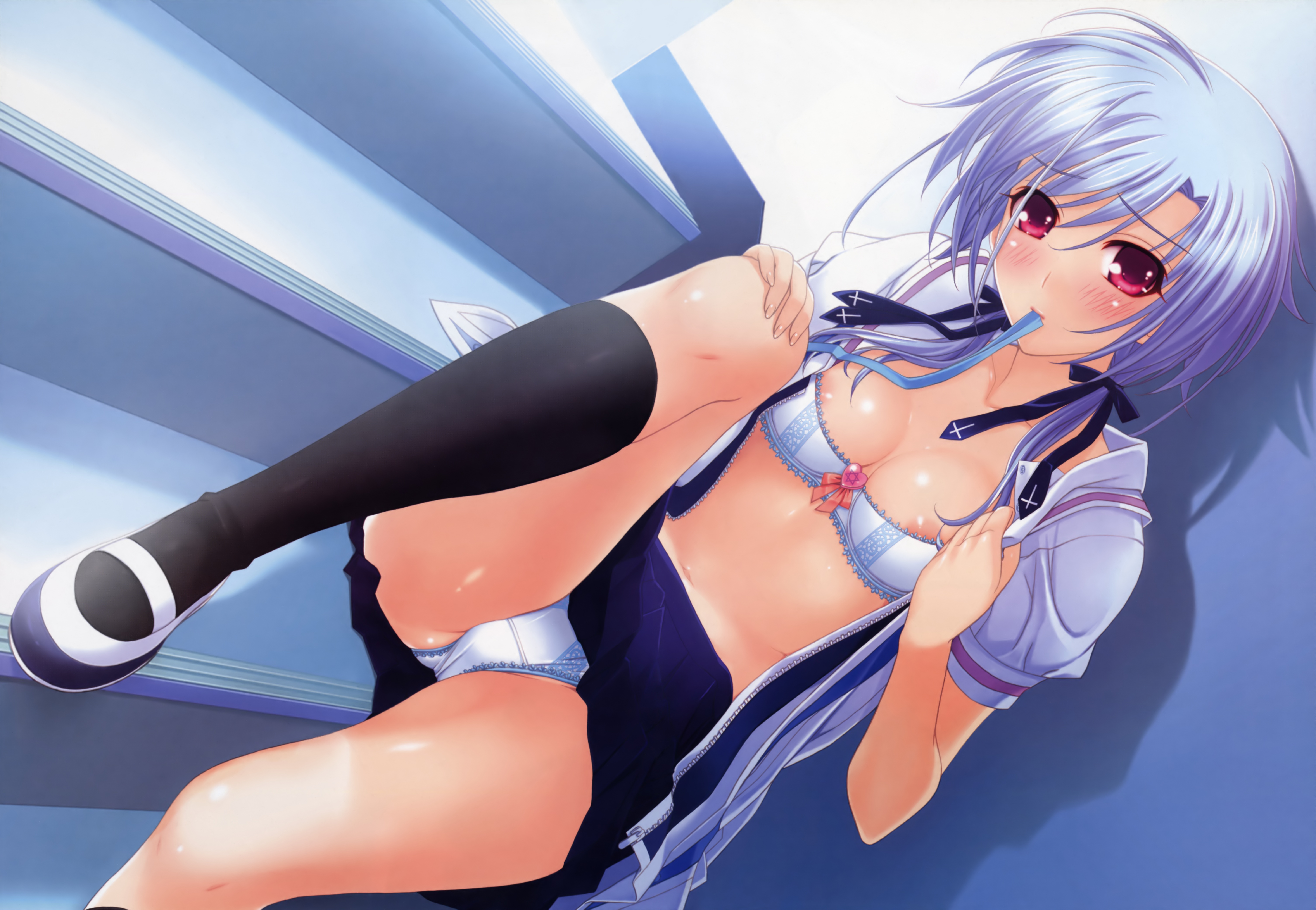 wanashiro giovanna, houjou otohime, chou jikuu bakuren monogatari, absurdres, highres, 1girl, black socks, blue hair, blush, bra, bra pull, clothes pull, female focus, kneehighs, lingerie, mouth hold, open clothes, open shirt, panties, red eyes, school uniform, shirt, shoes, socks, solo, underwear, uwabaki