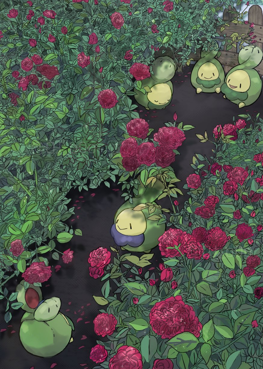 iruzu (pixiv27236115), budew, nintendo, pokemon, commentary request, highres, :>, bush, closed eyes, fence, flower, gen 4 pokemon, leaf, no humans, open mouth, petals, plant, pokemon (creature), red flower, red rose, rose, smile, u u