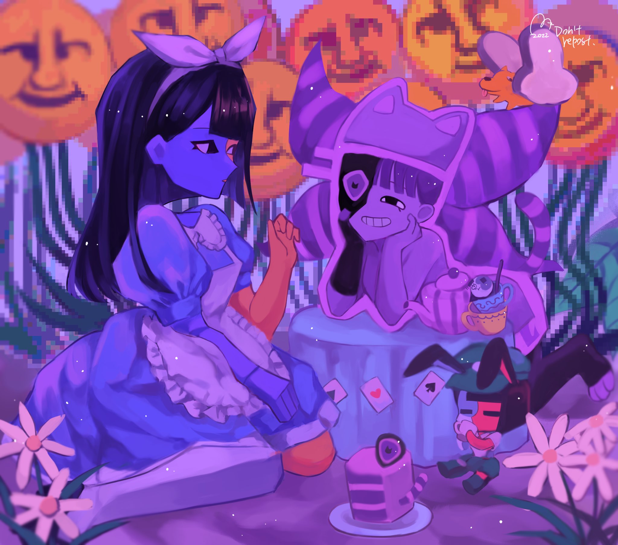 usagimarumei, alice (alice in wonderland), cheshire cat (alice in wonderland), ena (dream bbq), ena (ena), moony (ena), taski maiden (ena), alice's adventures in wonderland, ena: dream bbq, ena (series), ena (web series), highres, 4girls, alice (alice in wonderland) (cosplay), animal, animal ears, animal hat, apron, black eyes, black hair, blue skin, blunt bangs, blunt ends, bread, bread slice, bug, butterfly, cake, cake slice, card, cat girl, cat hat, cat tail, cheshire cat (alice in wonderland) (cosplay), colored skin, cosplay, cup, dog, dress, drinking, ena (species), floating head, flower, food, genre connection, grin, hairband, hat, hourglass meadow, in-franchise crossover, in-universe location, insect, lolita fashion, long hair, low poly, mini person, minigirl, multicolored skin, multiple girls, plate, playing card, rabbit ears, rabbit girl, shirt, short sleeves, smile, split-color skin, table, tail, teacup, two-tone skin, white apron, yellow skin