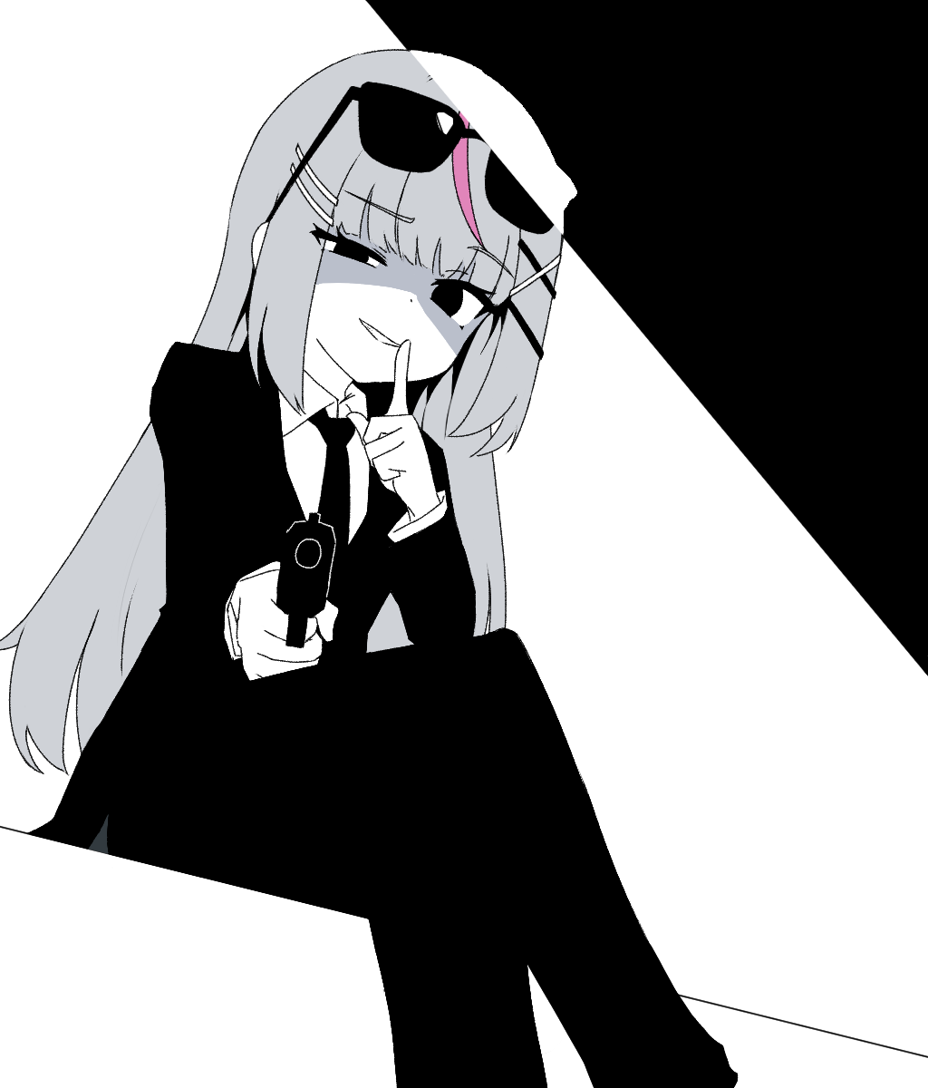 wingcat, hanako nana, stellive, commentary request, highres, korean commentary, 1girl, aiming, black background, black eyes, black necktie, black pants, black suit, blunt bangs, business suit, collared shirt, crossed legs, dot nose, dress pants, eyewear on head, finger to mouth, formal clothes, glasses, grey hair, greyscale, gun, hair ornament, hairclip, half-closed eye, hand up, holding, holding gun, holding weapon, jacket, long hair, long sleeves, looking at viewer, monochrome, necktie, pants, parallel hairclips, pink streaks, shaded face, shirt, shushing, sidelocks, simple background, sitting, smile, solo, spot color, suit, sunglasses, too many hair ornaments, two-tone background, very long hair, virtual youtuber, weapon, white background, white shirt